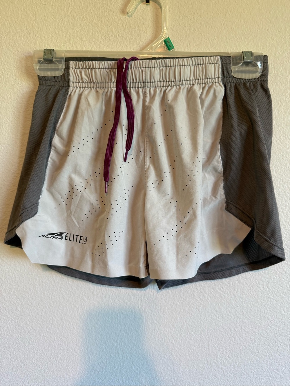 Altra Women's Light Gray and Dark Gray Athletic Shorts with Purple Drawstring